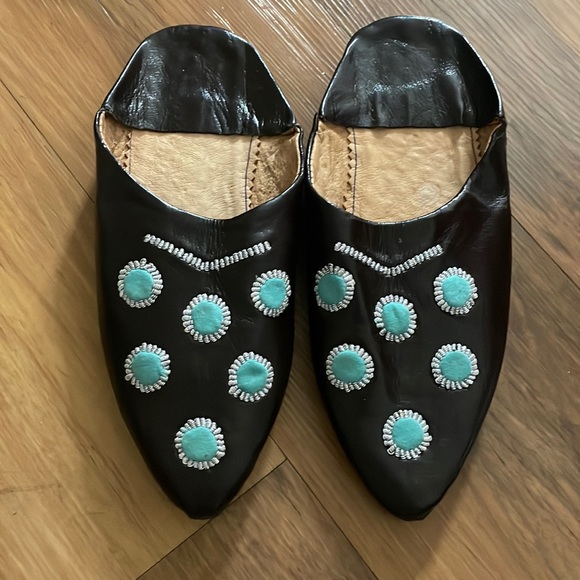 Shoes - Dark brown and turquoise Moroccan mules‎
